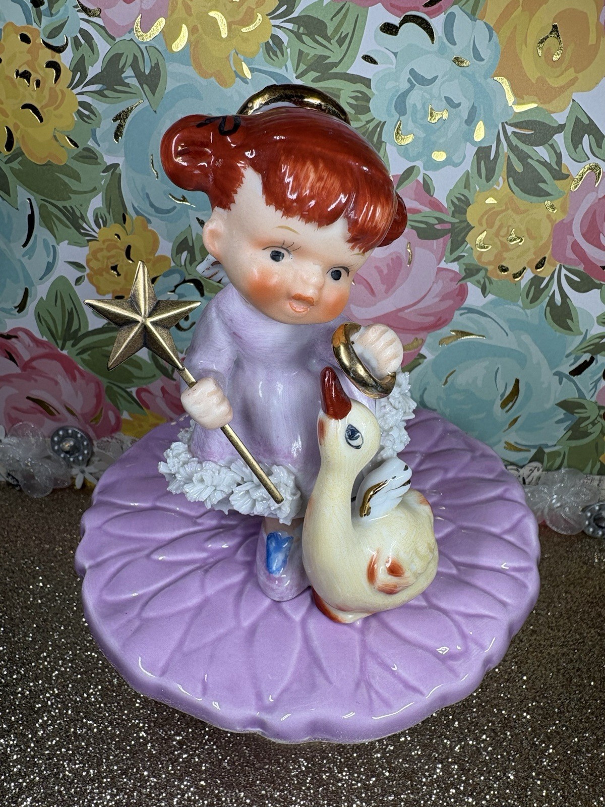 Vtg Ardalt Angel Girl In Lavender Duck Goose Star Wand Christmas Figurine Japan Vtg Ardalt Angel Girl In Lavender Duck Goose Star Wand Christmas Figurine Japan