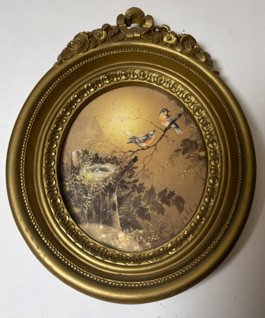 Beautiful Vintage 1980s Oval Homco Bluebird Gold Frame Print Wall Decoration