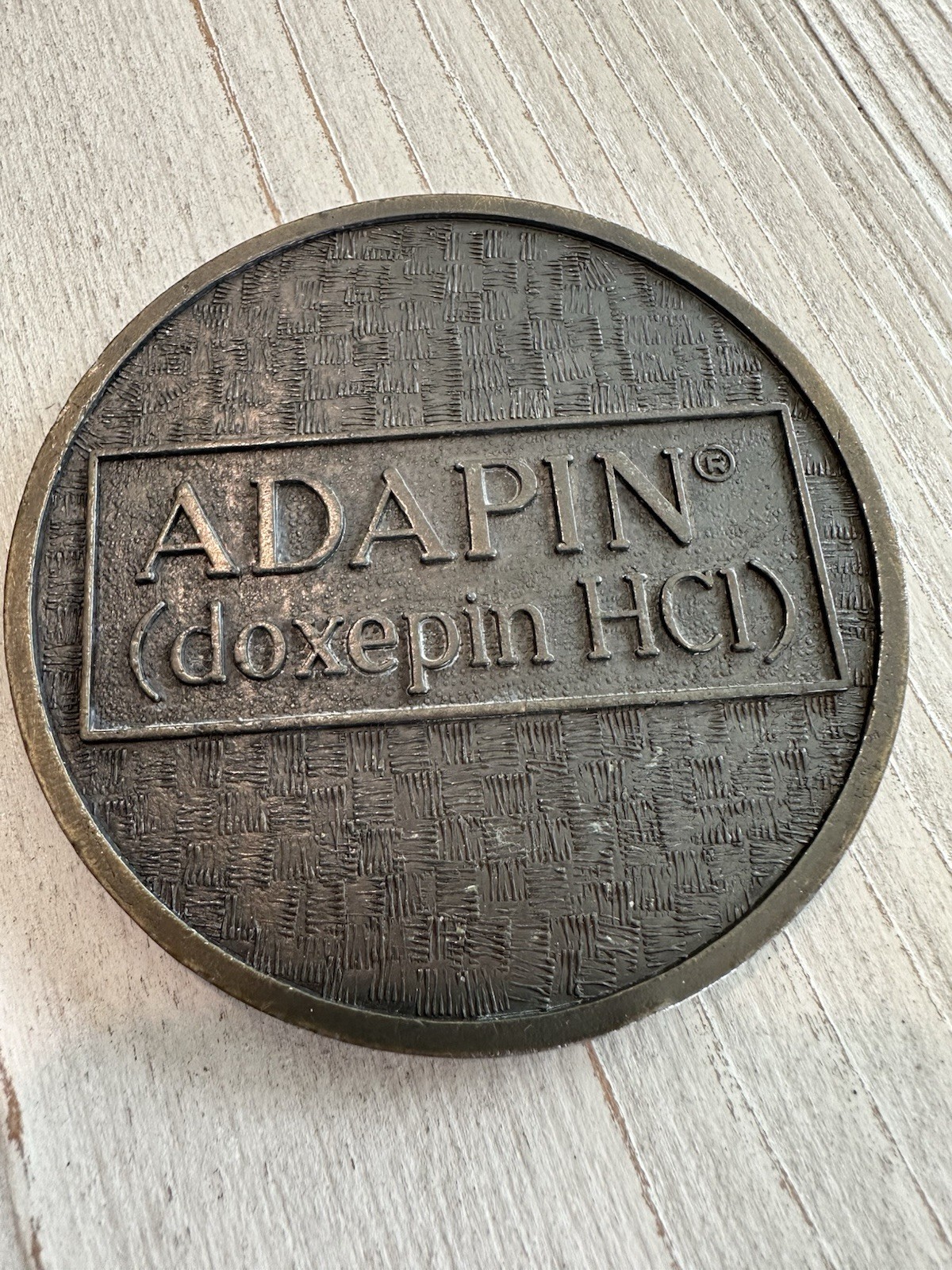 VINTAGE ADVERTISING MEDALLION BRASS MEDICATION ADAPIN DOXEPIN HC1