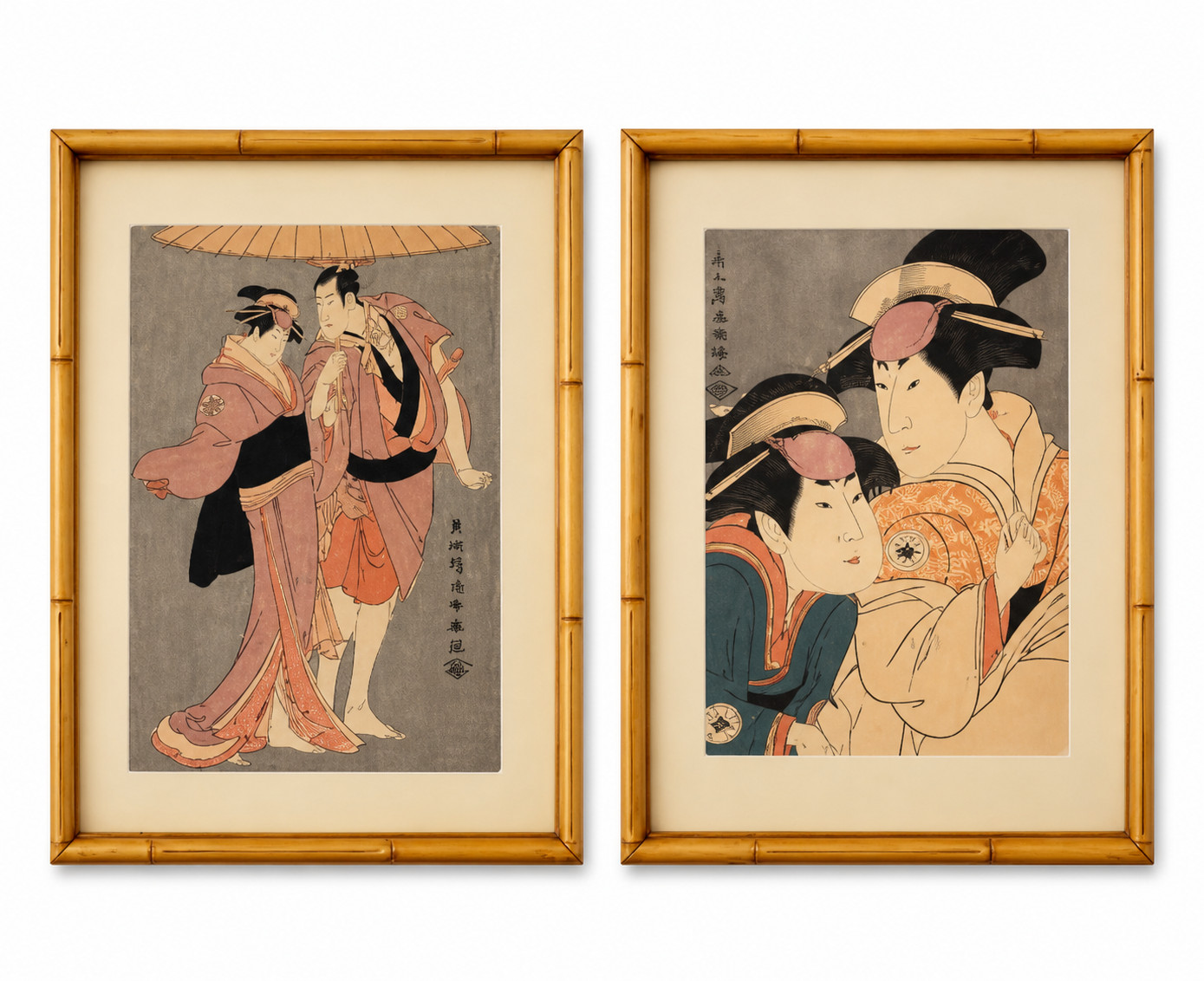Vintage Japanese Ukiyo-e Style Bamboo Framed Print Pair Wall Decor