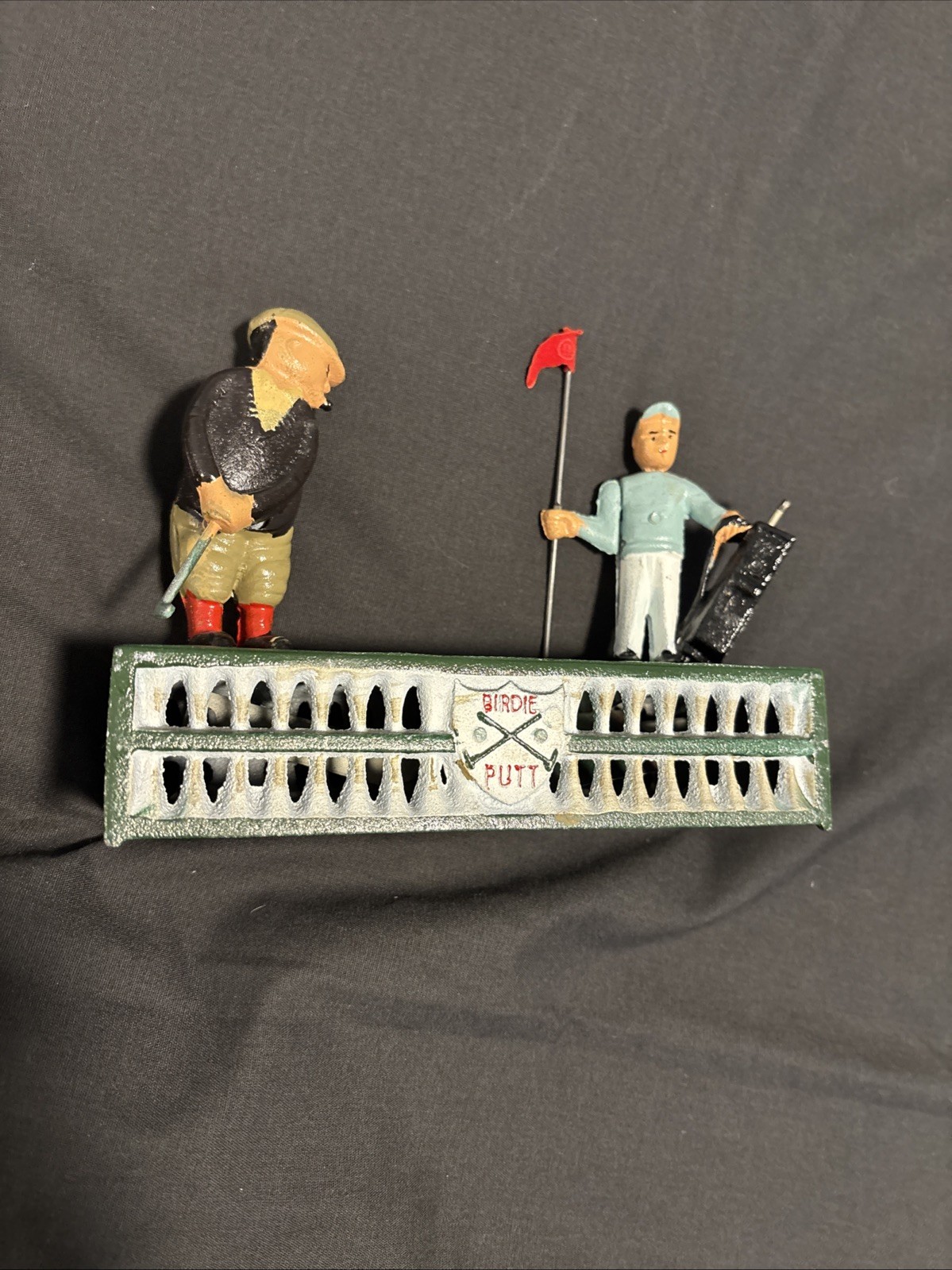 Vintage Cast Iron Birdie Putt Golfer Mechanical Coin Bank - 8” Lg x 3” Wide x 6”