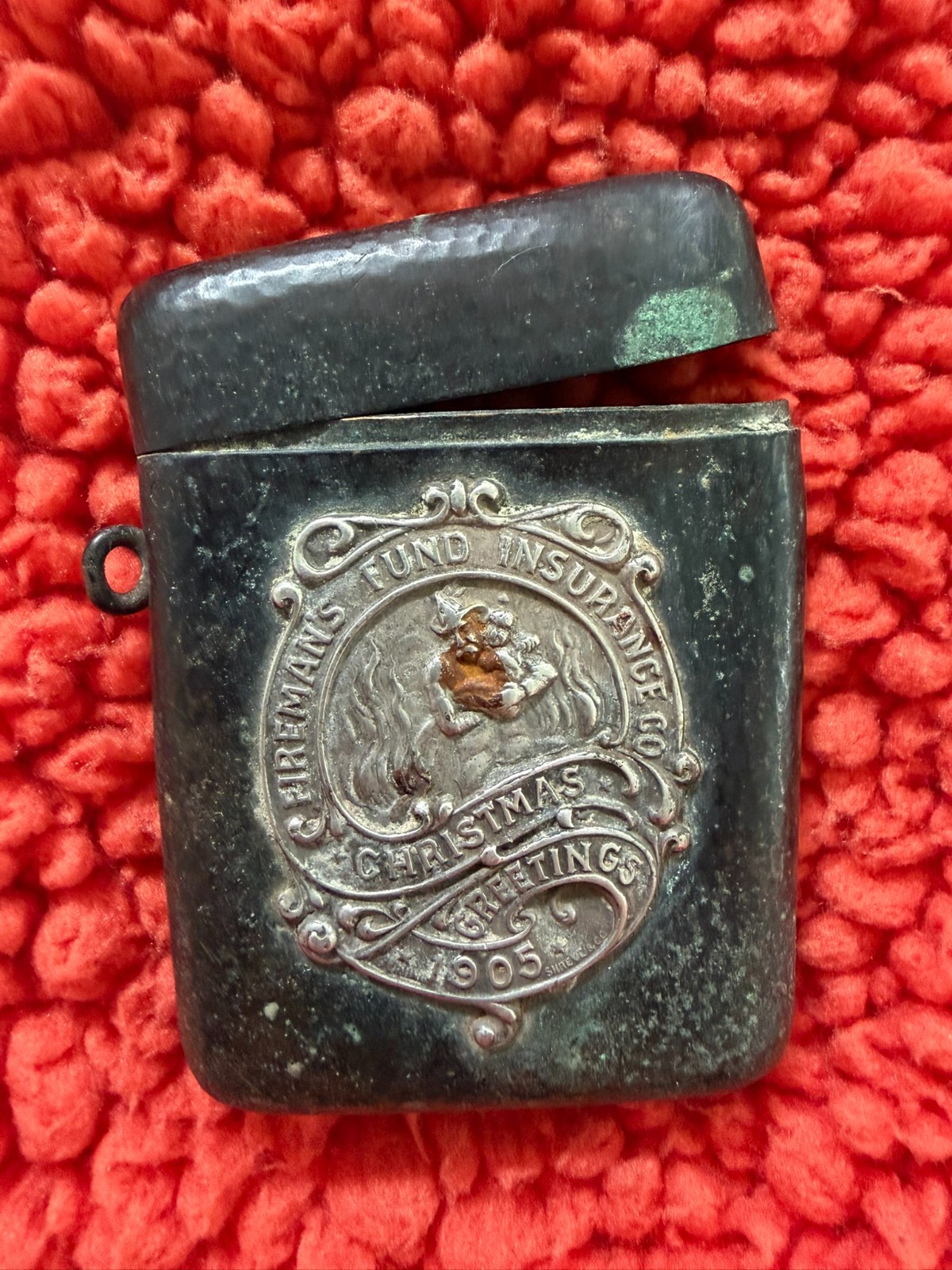 Fireman\'s Fund Insurance Christmas Geetings 1905 Match Safe Rare Bronze Silver 