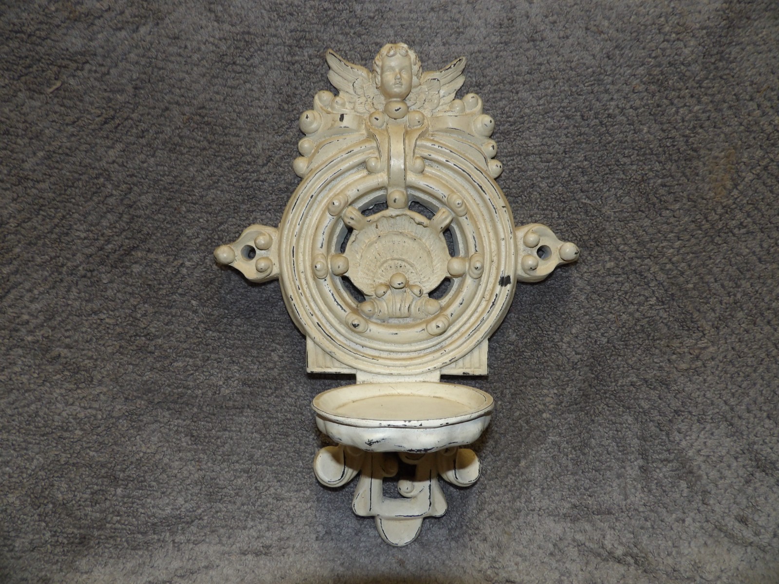 Vintage Heavy Resin Cherub Wall Sconce Off White 12” H Pillar Candle Holder