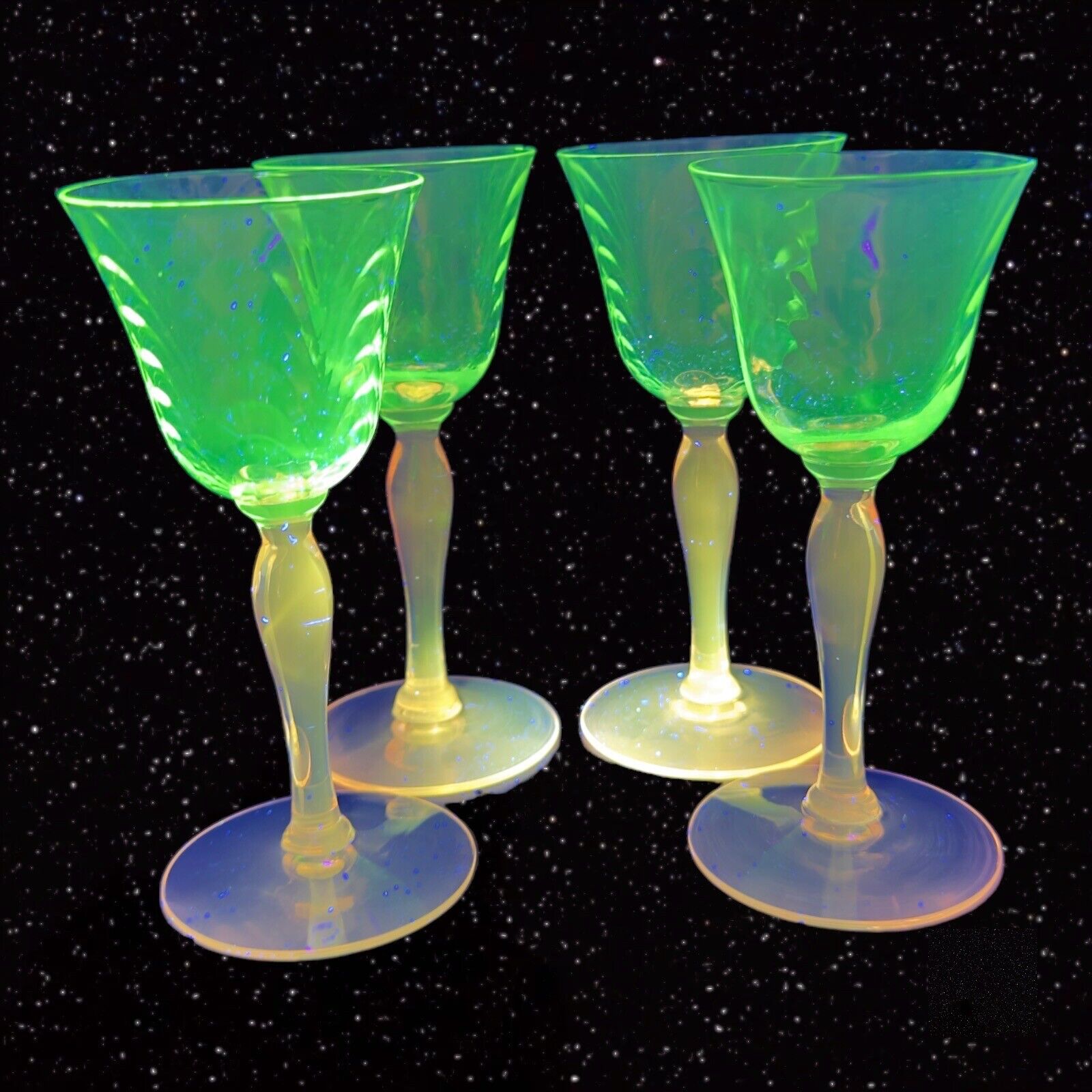 Vintage Pink Glass Goblet Drinking Glasses Set 4 Manganese 365nm Green UV Glow