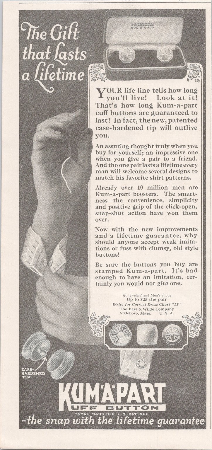 Kum-a-part Cuff Button Antique Magazine Ad 1924 Men\'s Fashion Jewelry Black