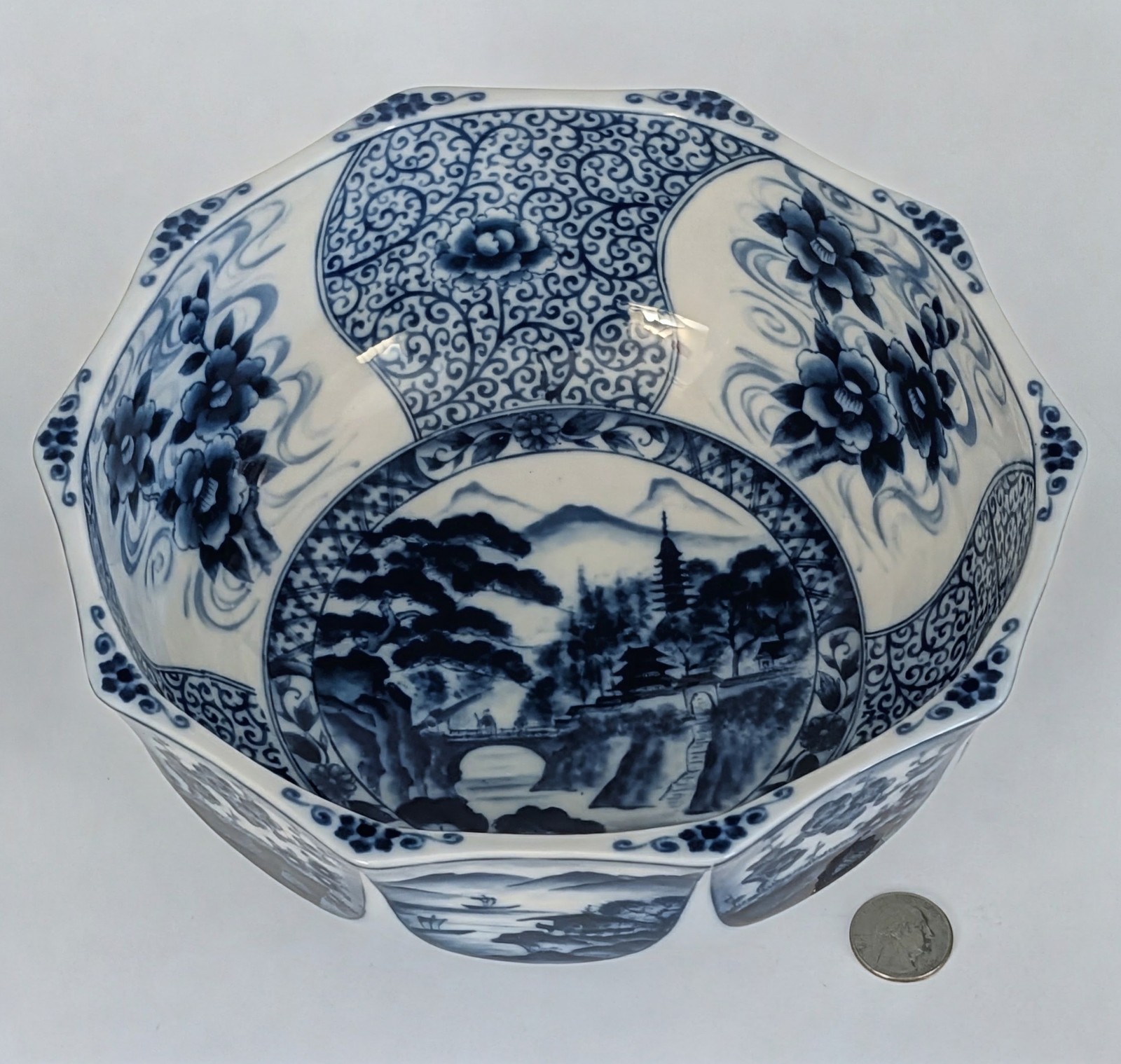 Large 9” Vintage Japanese Blue White Porcelain Bowl Floral Village Signed Large 9” Vintage Japanese Blue White Porcelain Bowl Floral Village Signed