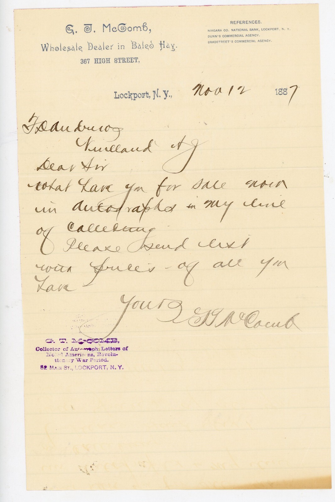 1887 G.T. McComb Lockport NY Autograph Collector Letter Baled Hay Dealer Signed