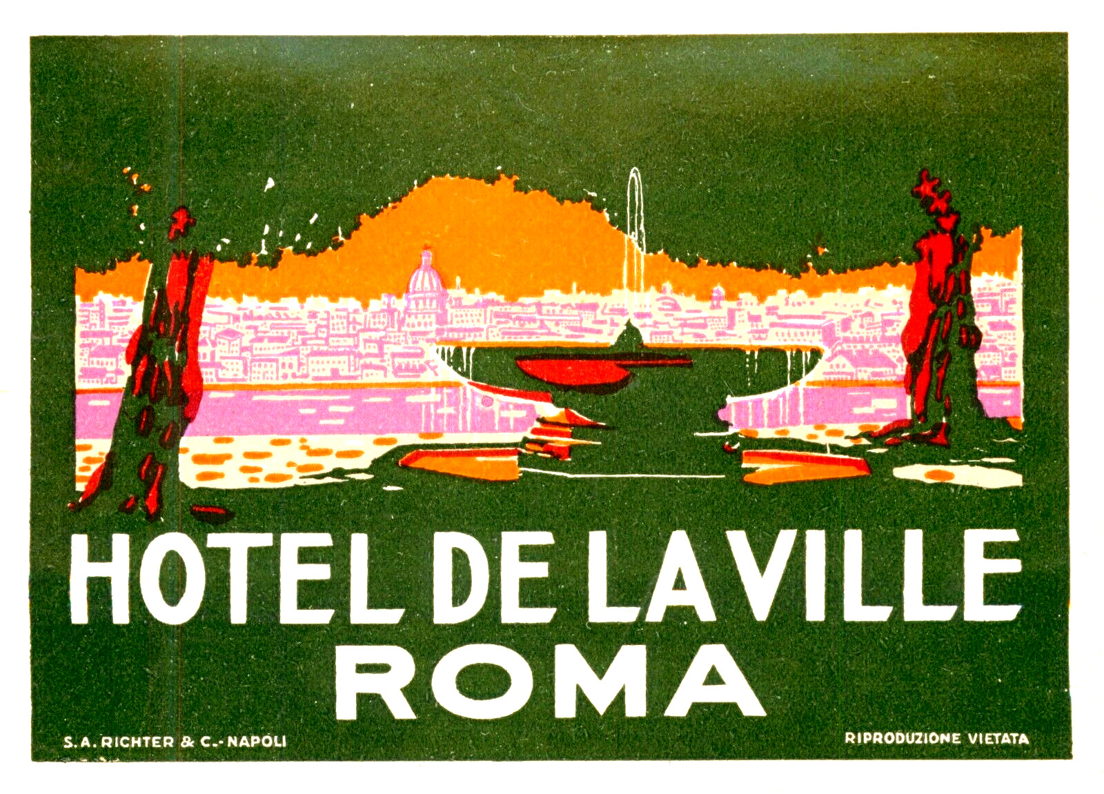 Hotel de la Ville ~ROME / ROMA - ITALY~ Beautiful RICHTER Luggage Label,  1950