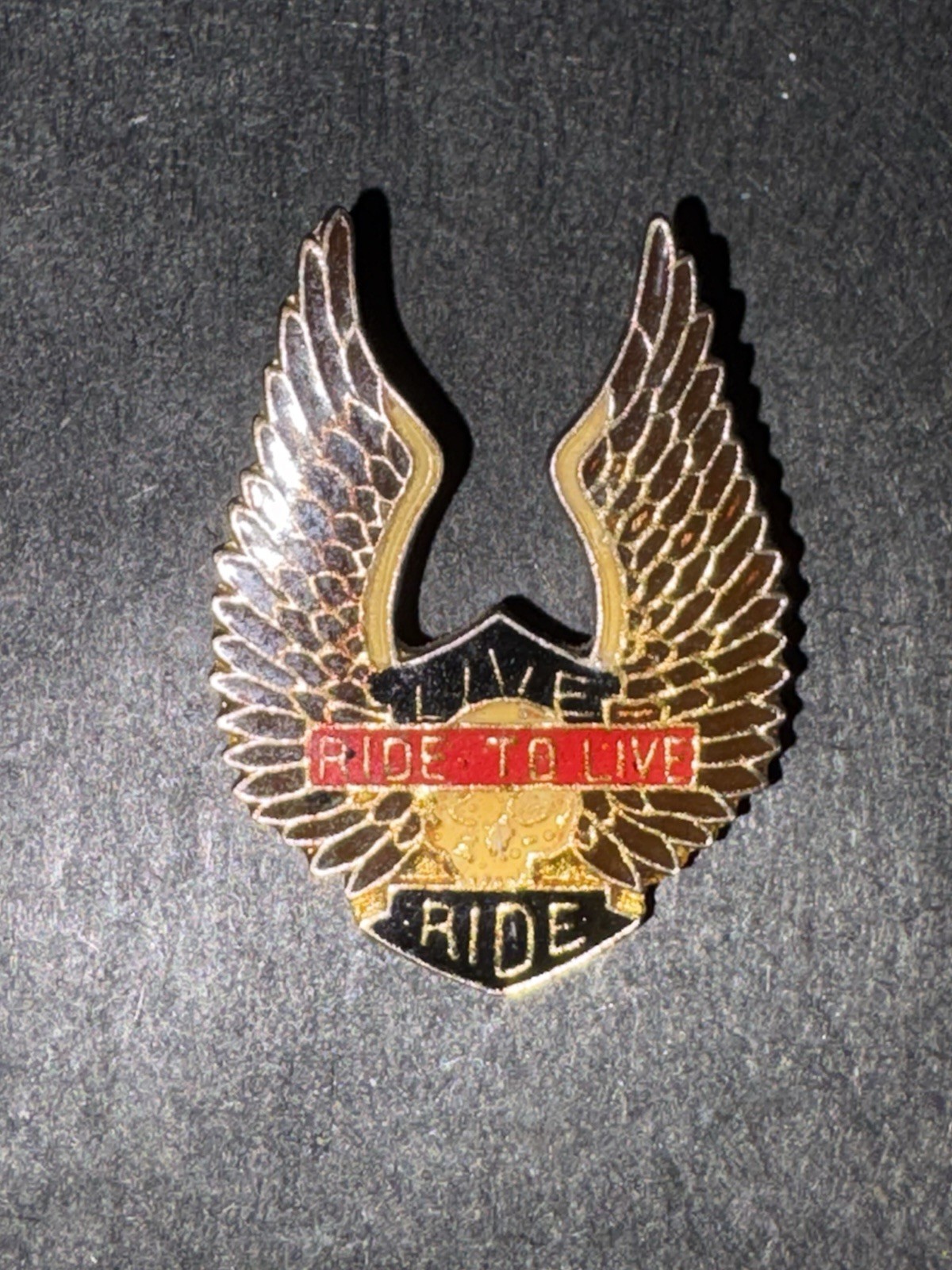 1983 Live to Ride to Live,  Vintage Biker Pin Eagle Wings Gold Tone Enamel