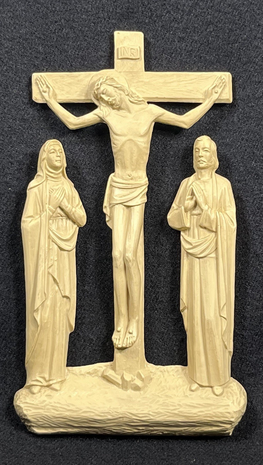 Vintage Molded Plastic Crucifixion Wall Plaque Jesus Cross Mary John