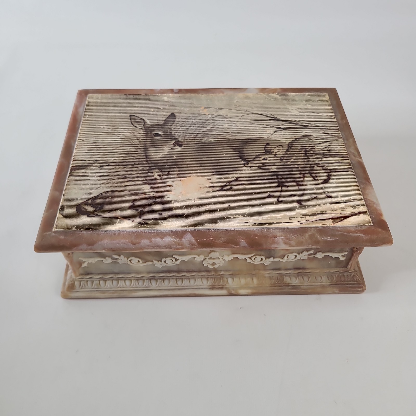 Vintage Incolay Stone Jewelry Trinket Box Deer Fawns Wildlife Scene