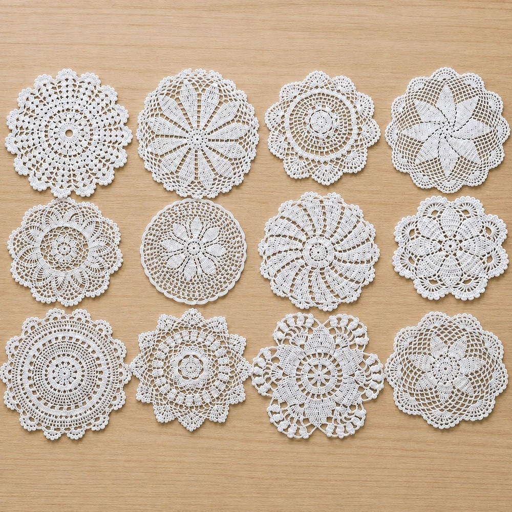 12Pcs/Lot 7-8inch White Vintage Hand Crochet Lace Round Table Mats Doilies Doily