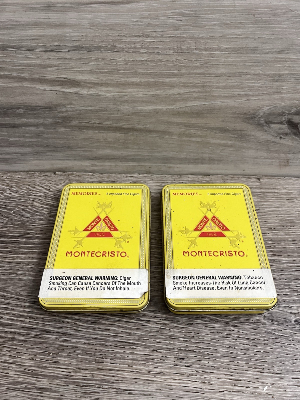 Montecristo Memories Yellow Cigar Tin Lot of 2 Vintage Metal Tobacciana
