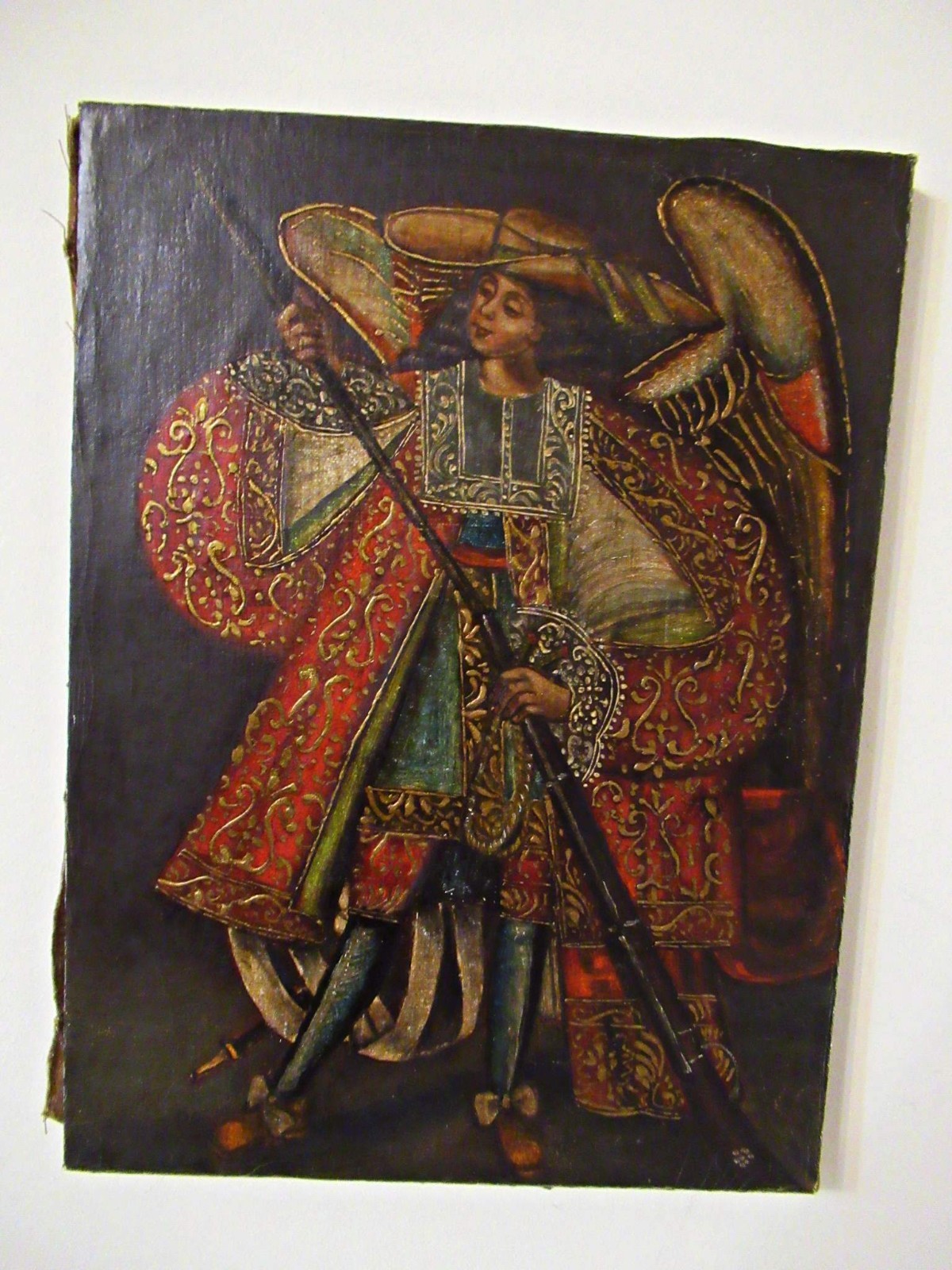 VTG CUZCO PERU RELIGIOUS OIL on CANVAS PAINTING ANGEL ARCABUCERO 15.5\
