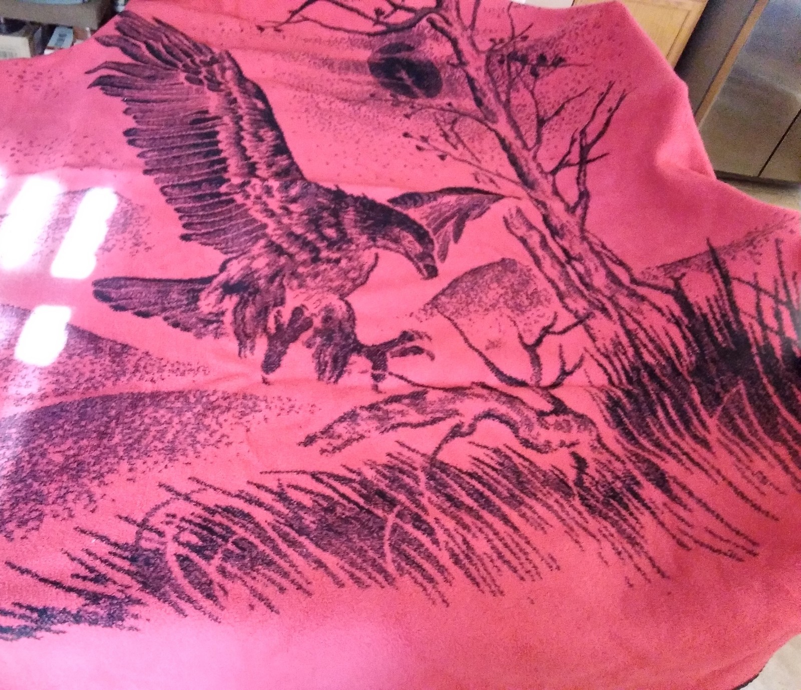 Vintage San Marcos Blanket Black Red Bald Eagle Mountain Moon Tree 93x79” apprx