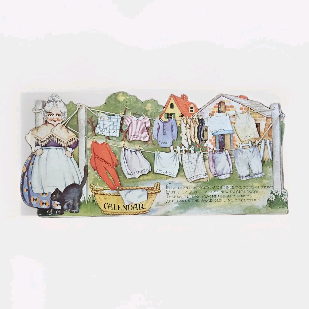 Vintage 1931 Laundry Line Calendar Die Cut Grandma Black Cat Hanging Easel Flips