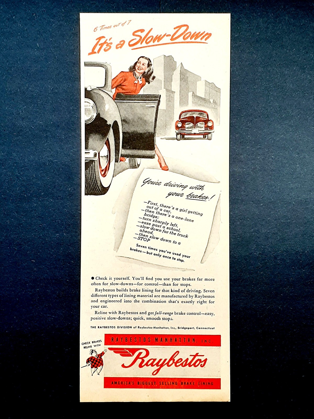 Raybestos Manhattan break lining ad vintage 1947 woman car advertisement
