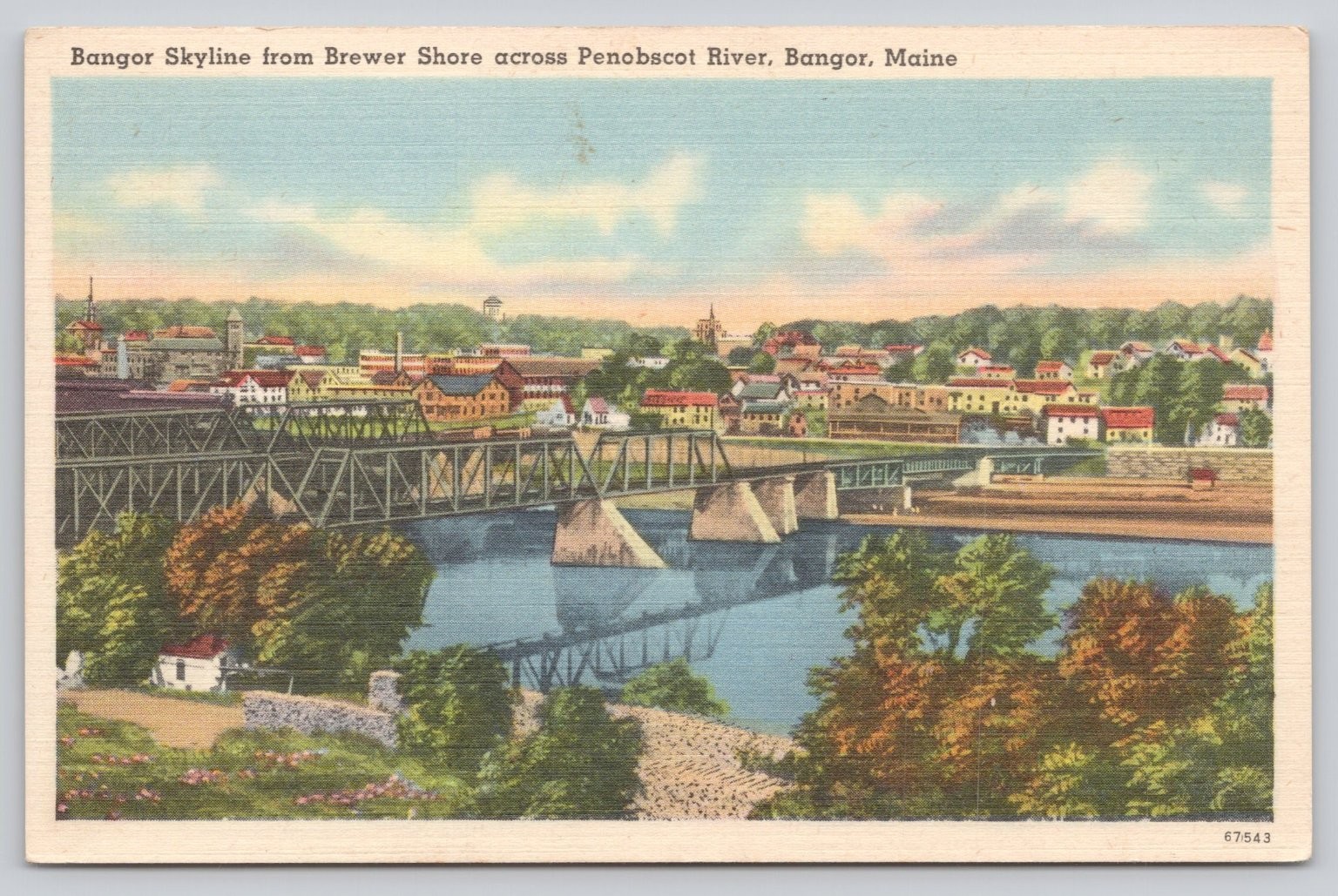 Vintage 1954 Bangor ME Skyline Penobscot River Linen Postcard Vintage 1954 Bangor ME Skyline Penobscot River Linen Postcard
