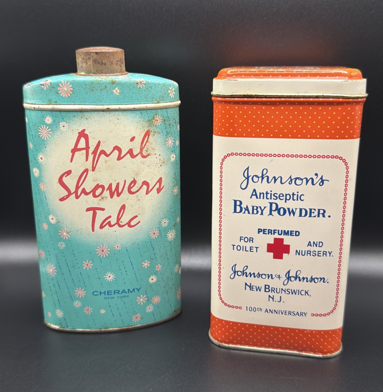 (2) Vintage 5” Cheramy April Showers Johnson Baby Powder Advertising Decor Tins