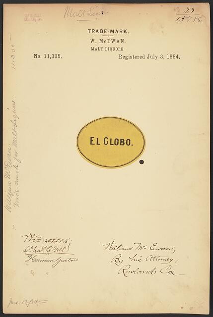 Photo:W. McEwan El Globo Malt Liquors Trade Mark 1884 Label Patent