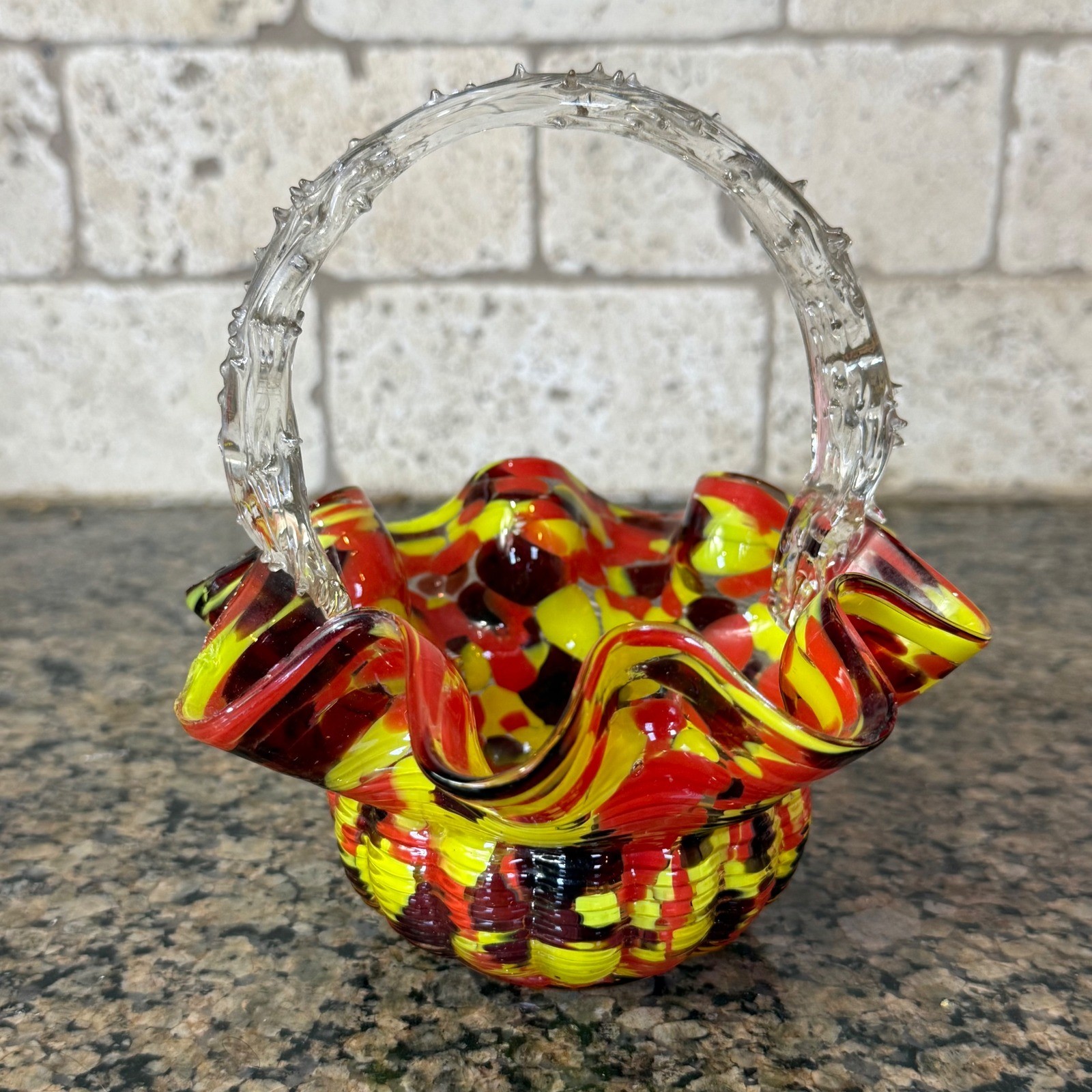 Hand Blown Art Glass Basket Ruffled Rim Red Yellow Spatter Clear Handle Vintage Hand Blown Art Glass Basket Ruffled Rim Red Yellow Spatter Clear Handle Vintage