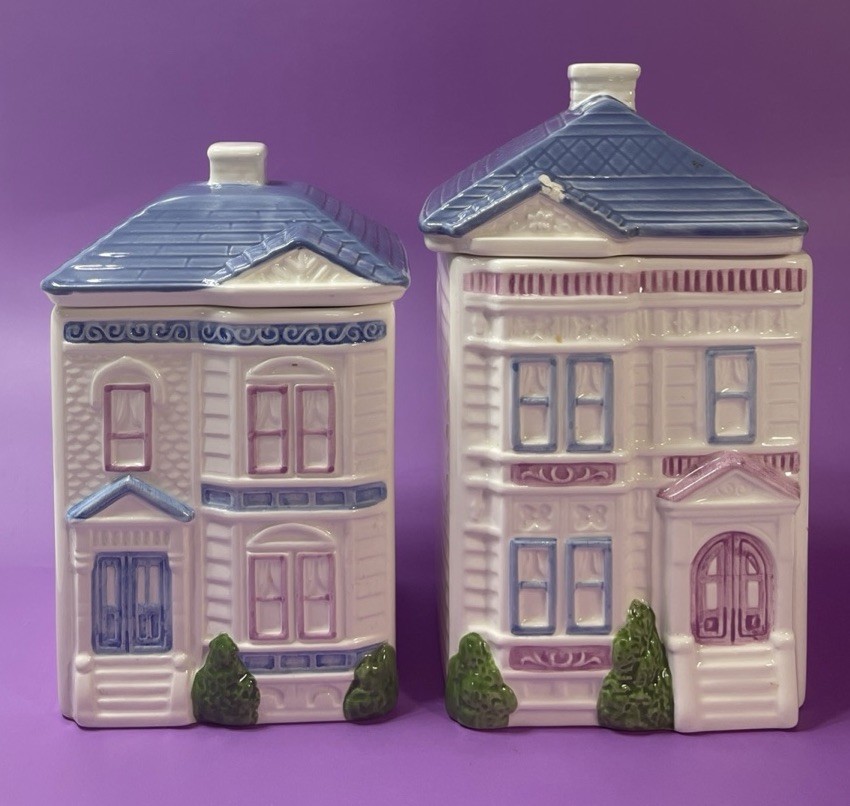 Vintage 1988 Victorian House Canister Set 2Pc Ceramic Blue Pink. Mexico Read Vintage 1988 Victorian House Canister Set 2Pc Ceramic Blue Pink. Mexico Read