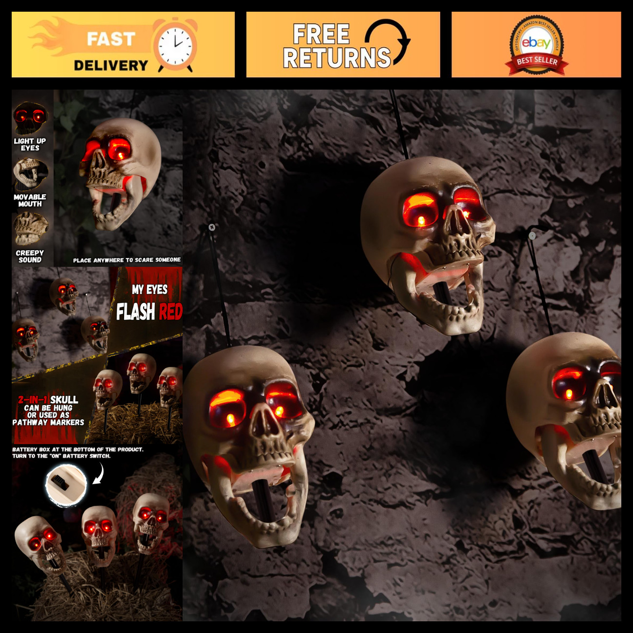 Scary Floating Skull Animatronics - Animated Halloween Decorations, Sound & Ligh