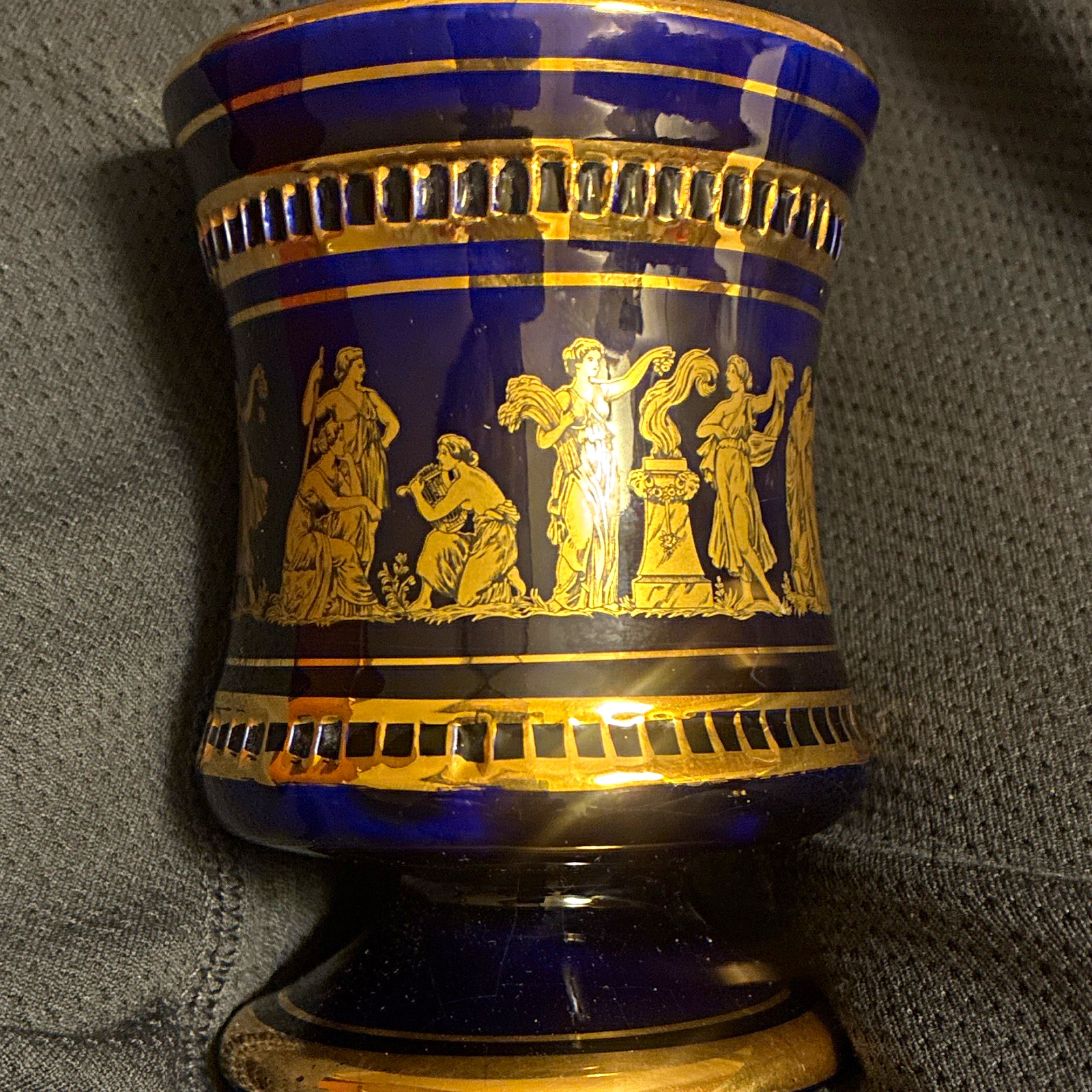 Vintage Neofitou Keramik Dark Blue 24K Gold Trim Votive Vase Hand Painted Greece