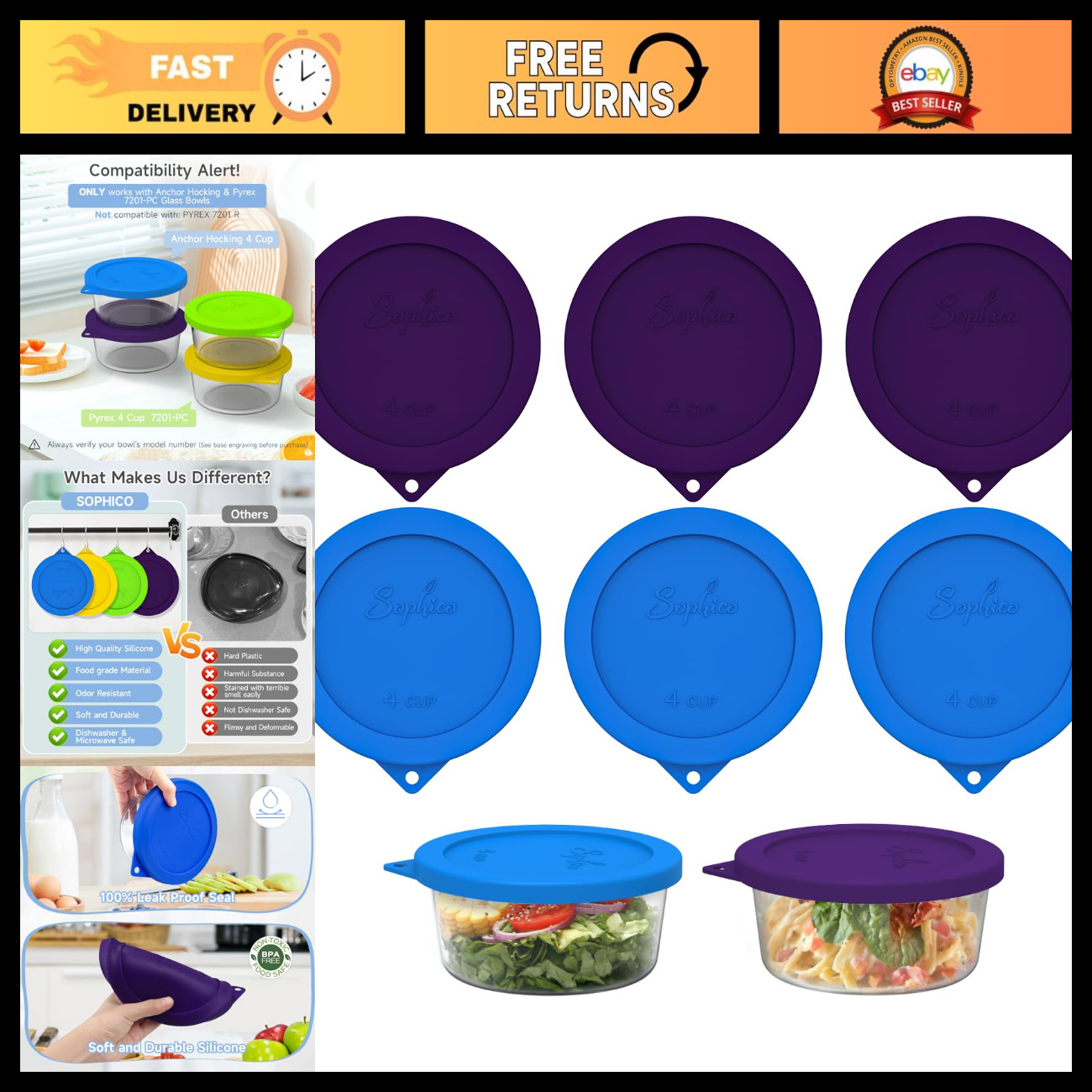 SOPHICO 4 Cup Silicone Lids Replacement for Pyrex & Anchor Hocking 7201-PC