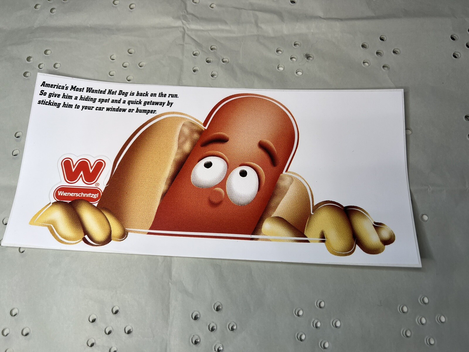VTG RARE WIENERSCHNITZEL BUMPER STICKER - AMERICAS MOST WANTED HOTDOG