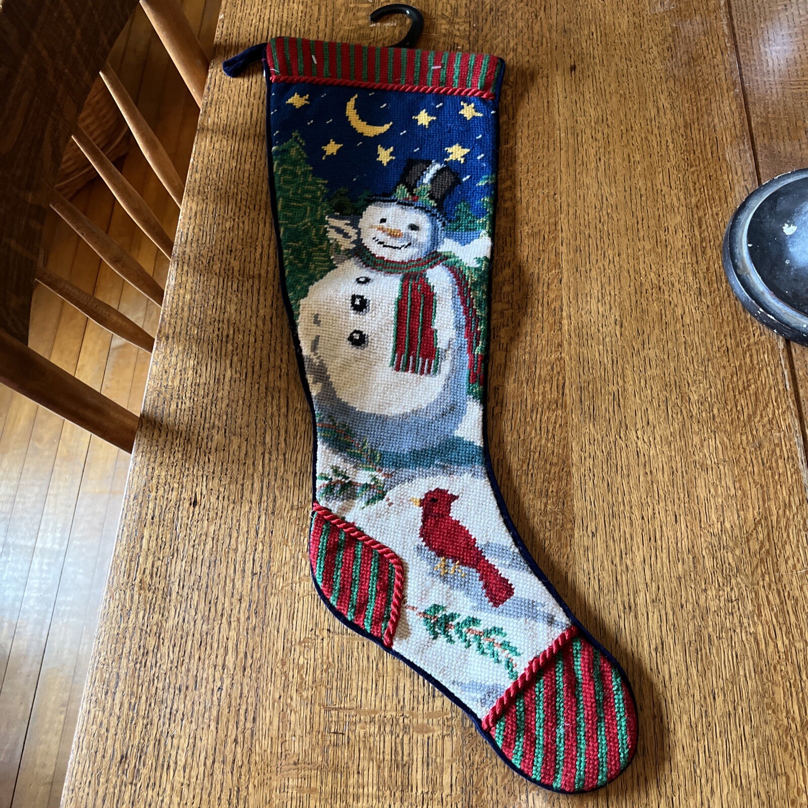 NWOT Vintage Handmade Wool Needlepoint Christmas Stocking Snowman Cardinal Star