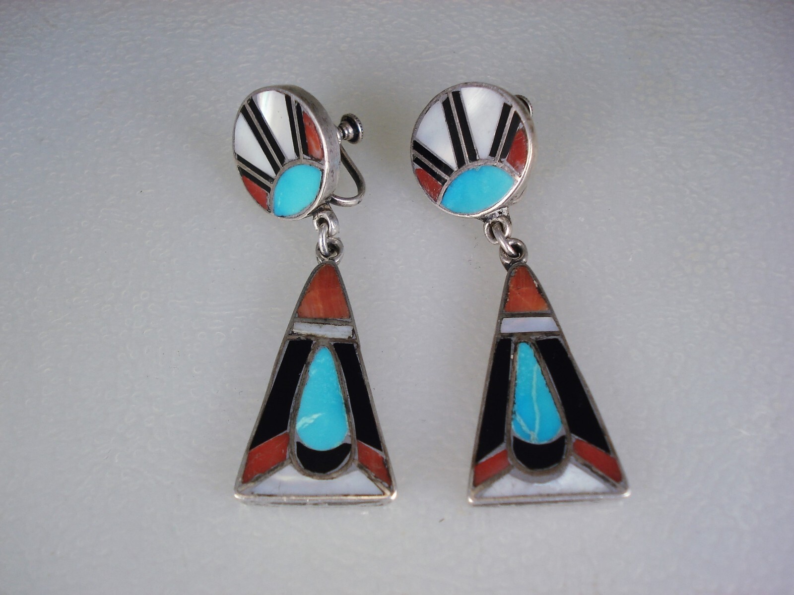 RARE OLD John Gordon Leak ZUNI STERLING SILVER & MOSAIC INLAY EARRINGS