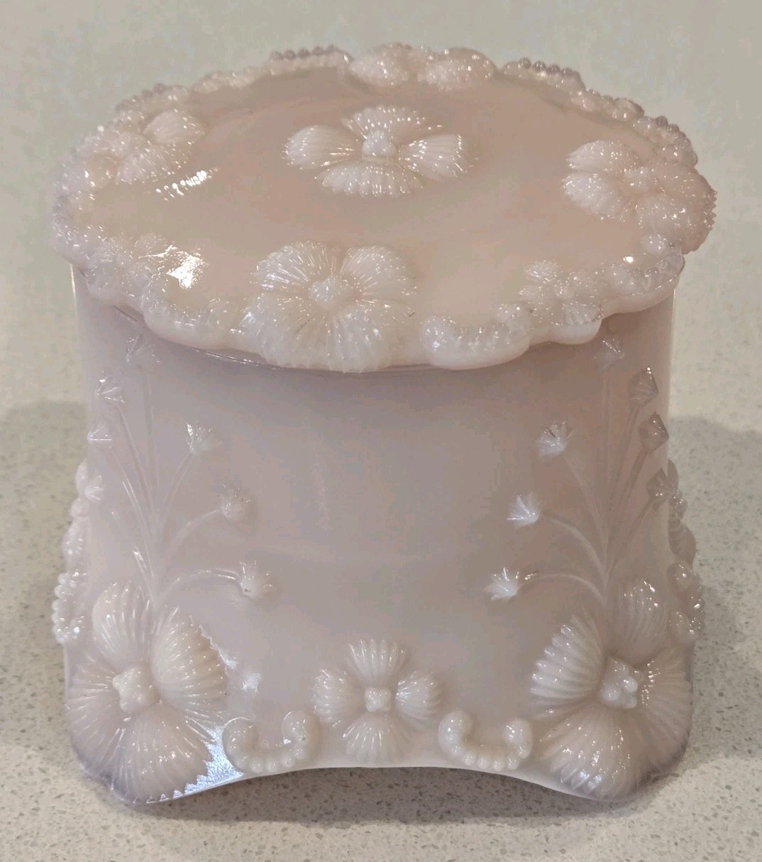 Fostoria Pink Milk Glass Puff Box Dresser Jar Small Trinket w Lid VTG MCM Floral