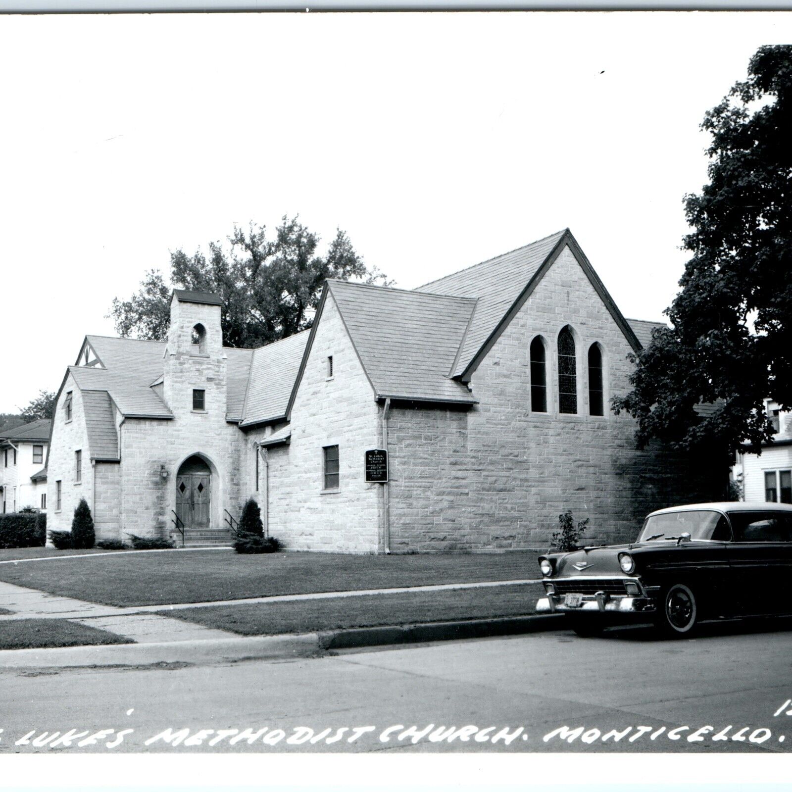 c1950s Monticello IA RPPC St Luke\'s Methodist Church Chevy Bel Air Car PC A104