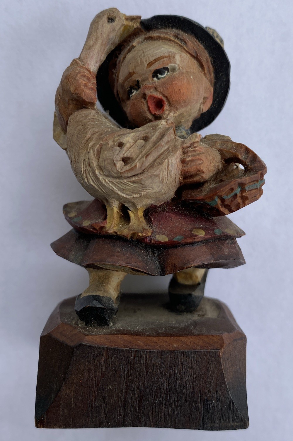 German Wood Carved Possible Anri 3 1/4” Girl w Goose