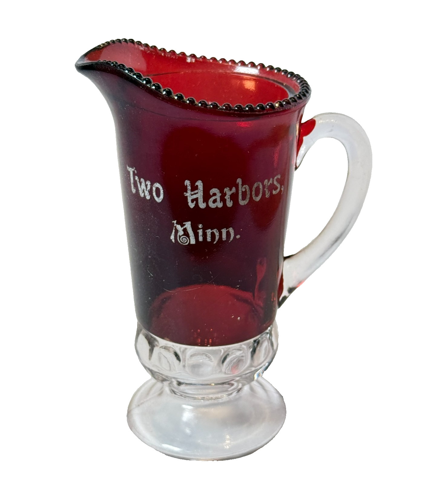 TWO HARBORS MN MINNESOTA Ruby Red Flash Souvenir Glass TRINKET ANTIQUE CREAMER