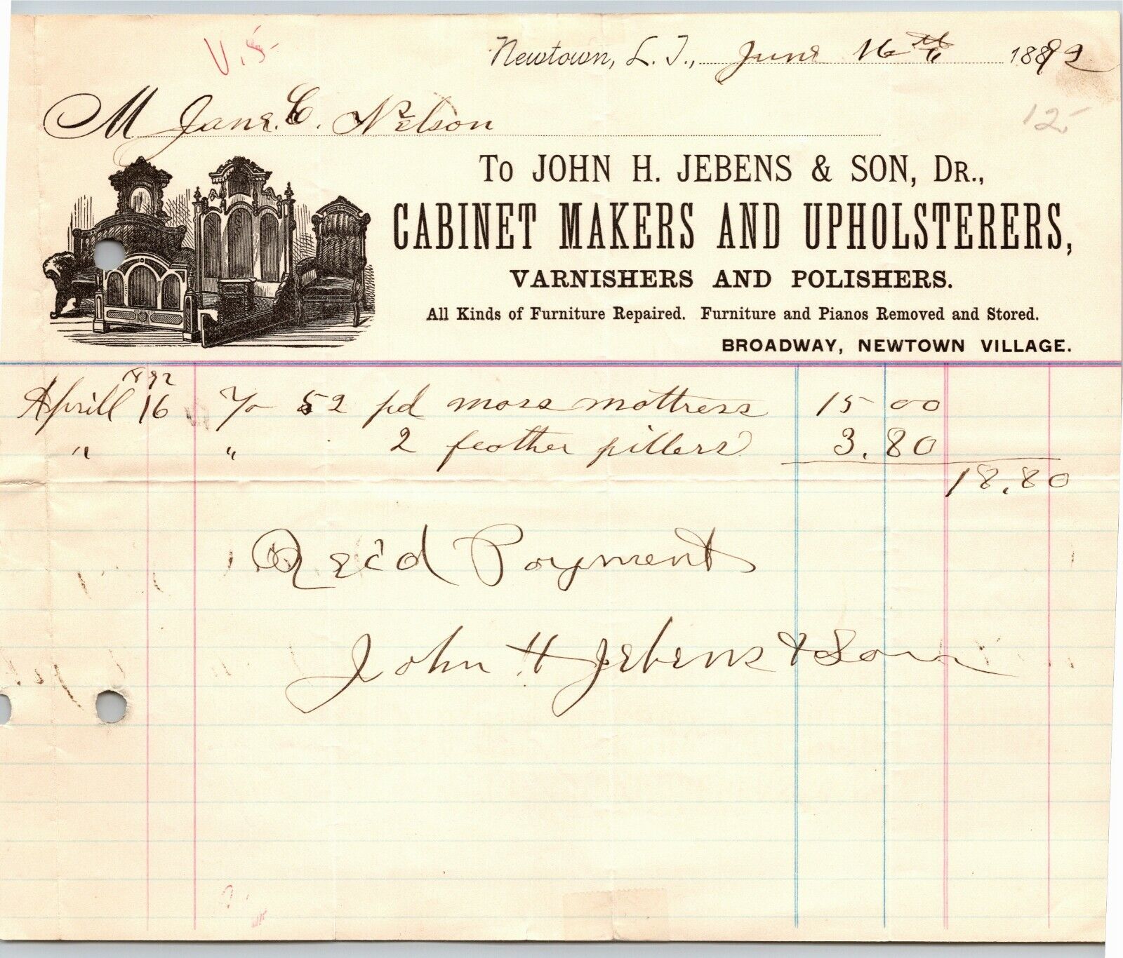Scarce Newtown Elmhurst LI NY Letterhead 1892 John H. Jebens Cabinet Makers 