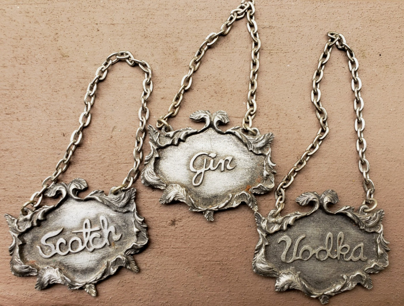 Set of Three Vintage Metzke Pewter Liquor Bottle Neck Tags Gin Vodka Scotch