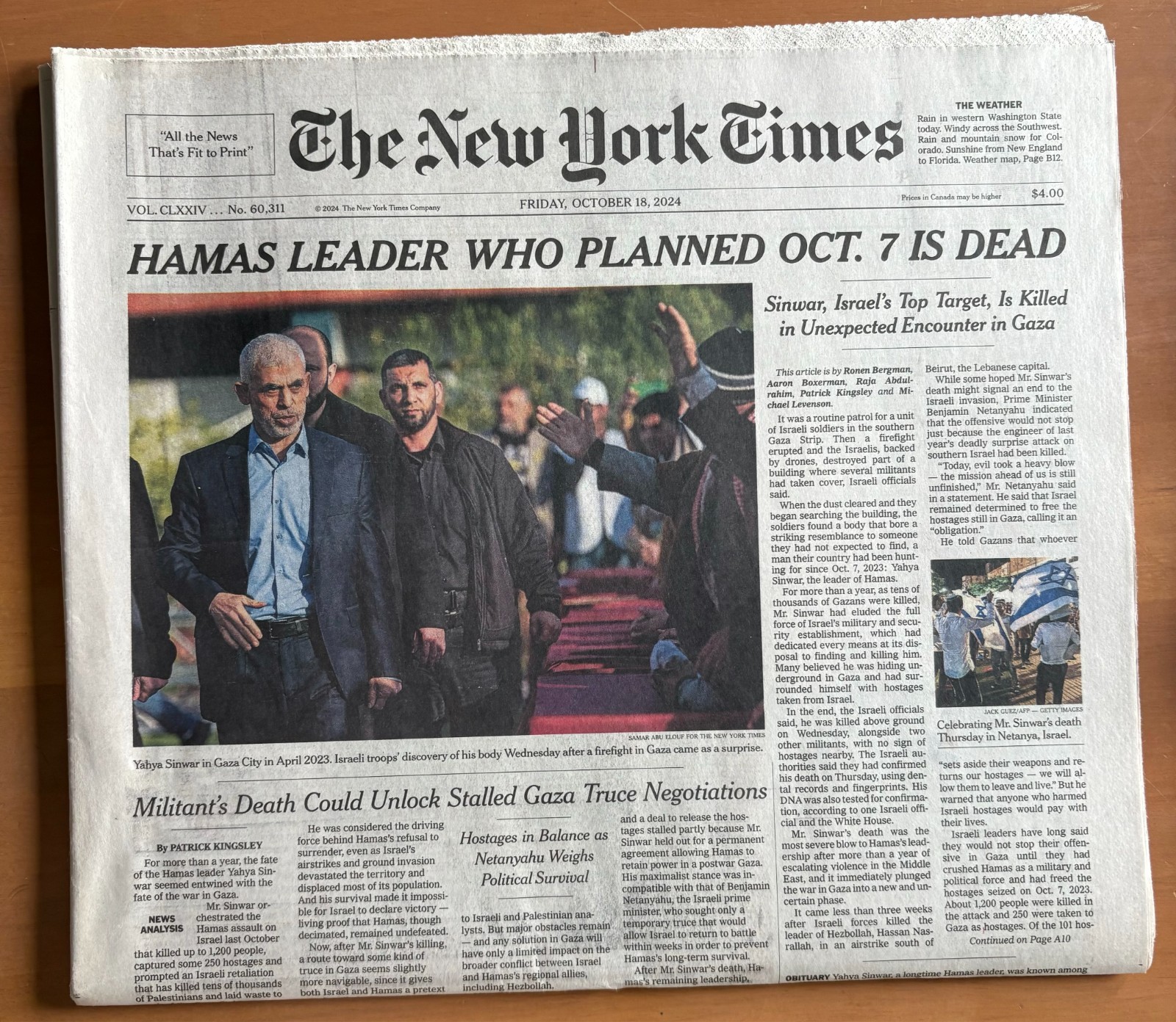NY Times Oct 18 2024 – Hamas Leader Sinwar Killed in Gaza Conflict Issue