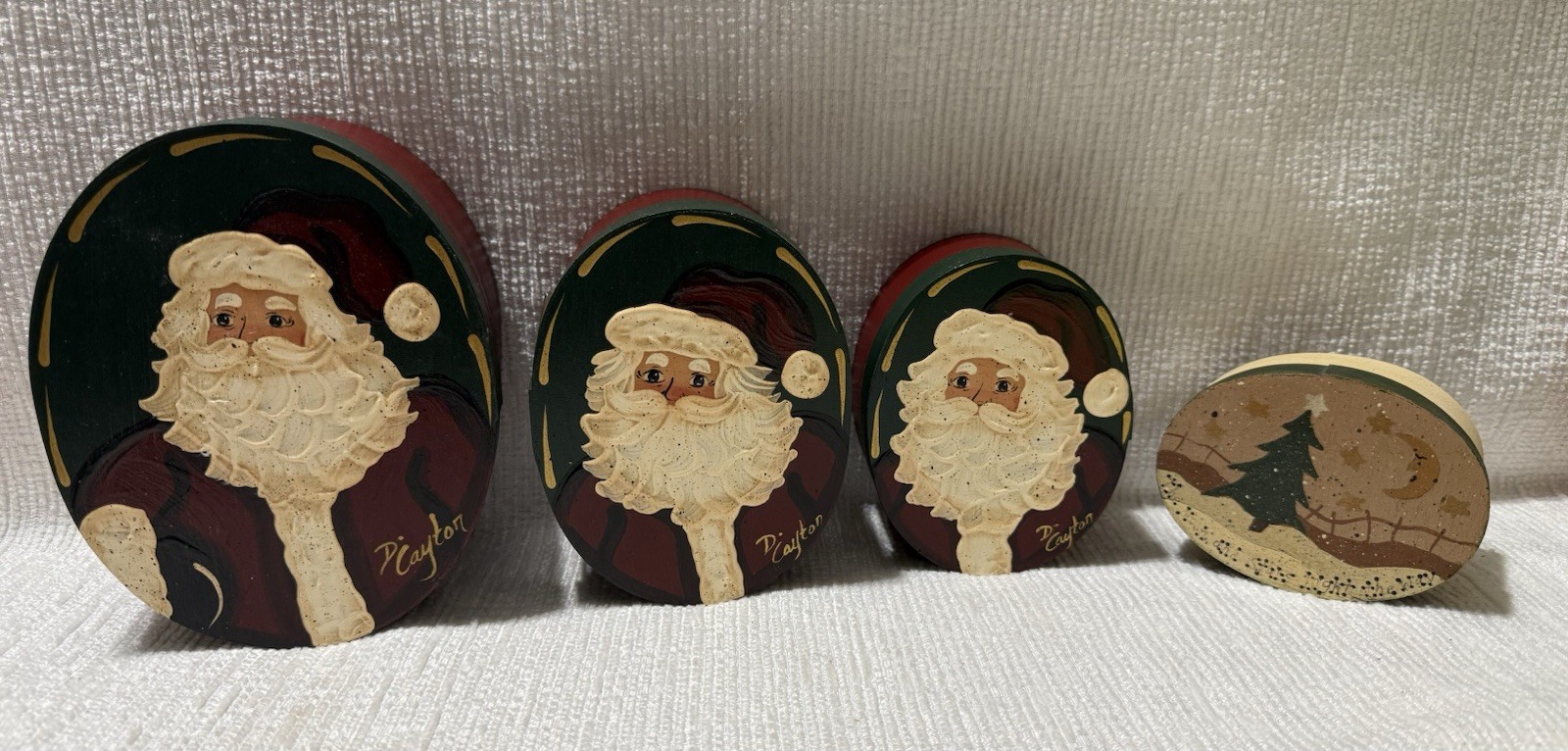 (3) Vtg. Painted Santa Claus Wooden Nesting Boxes (Sgnd.) + “Twas The Night” Box