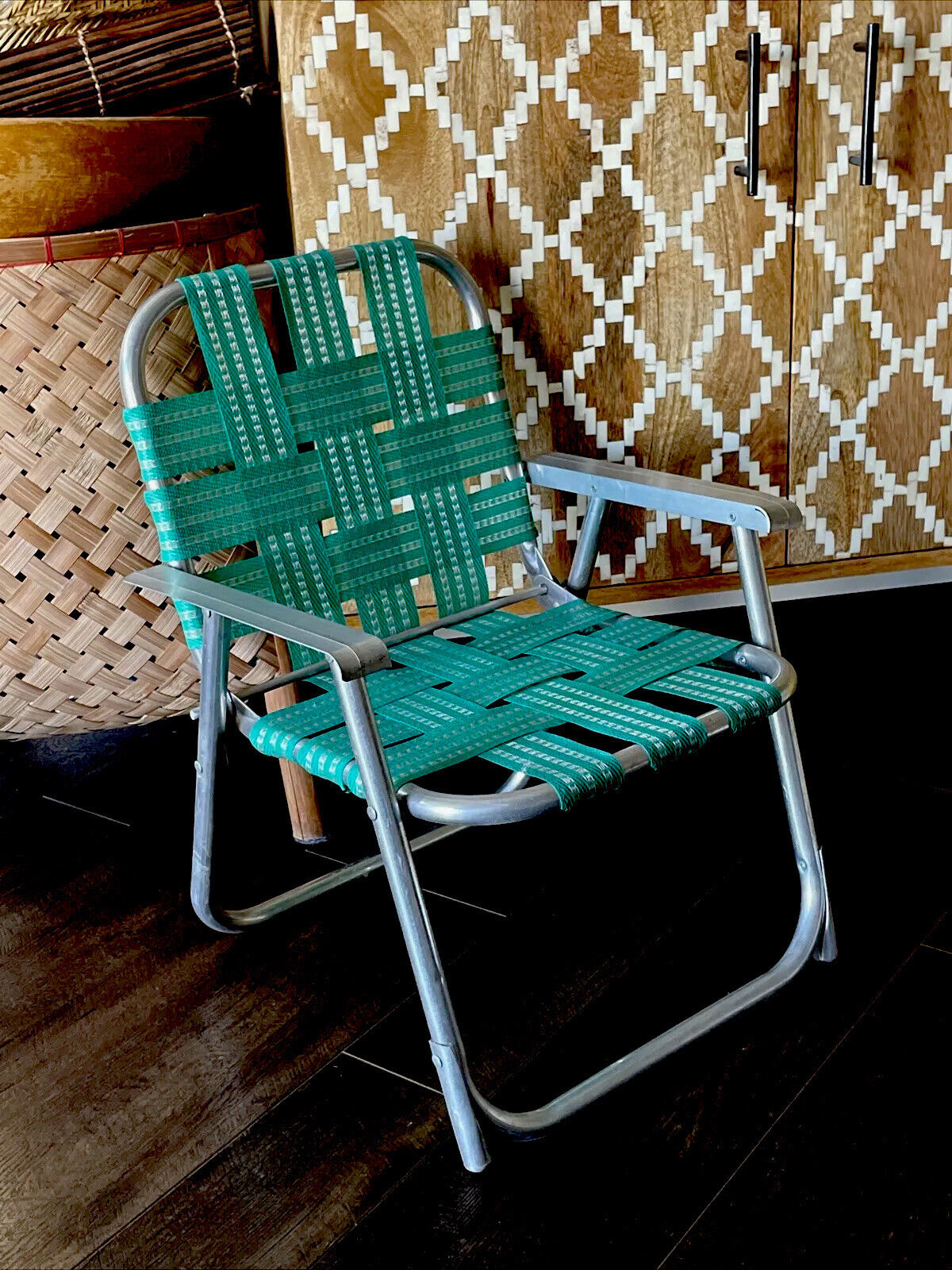 Childs vintage metal green folding chair 1960’s woven