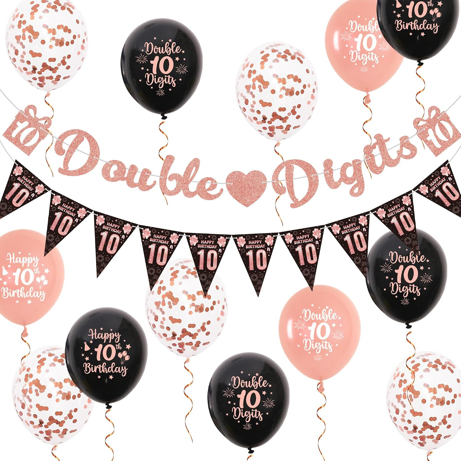 10Th Birthday Decorations Girl - Black Rose Gold Double Digits Banner Happy Birt