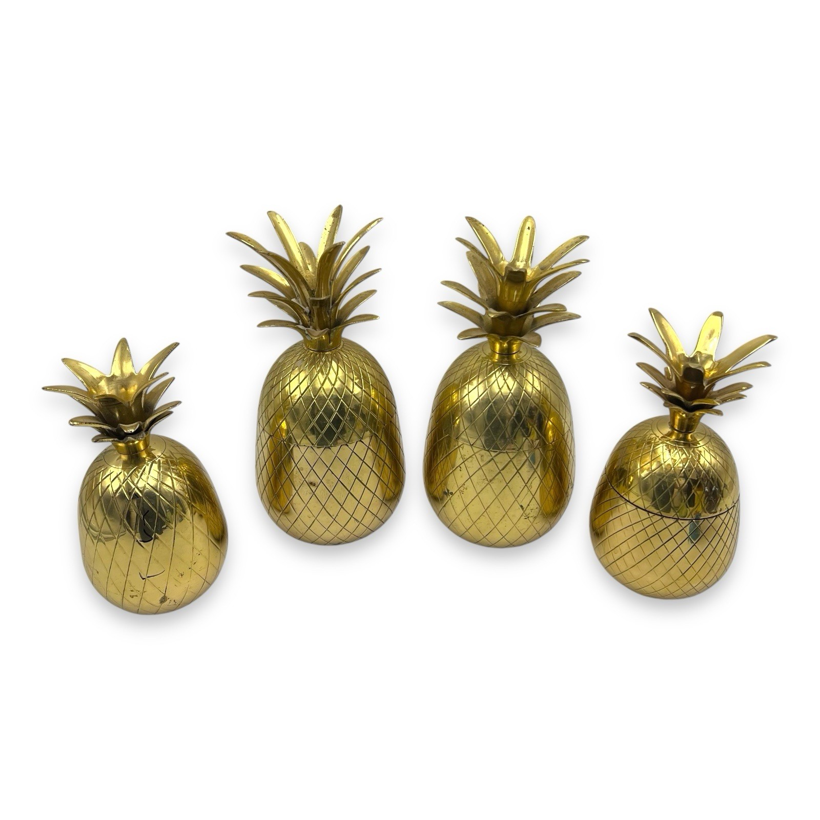 Vintage Hampton Brass India Pineapple Set Of 4 Candle Holders Trinket Box Patina