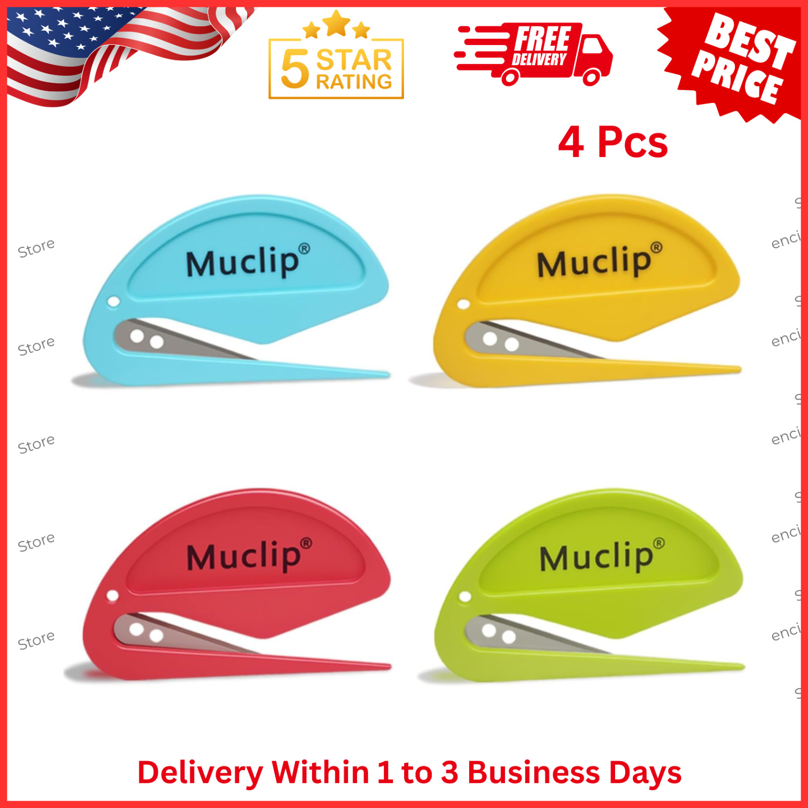 4 Pack Letter Opener Envelope Slitter - Ergonomic ABS Grip, Hidden - NEW - USA..