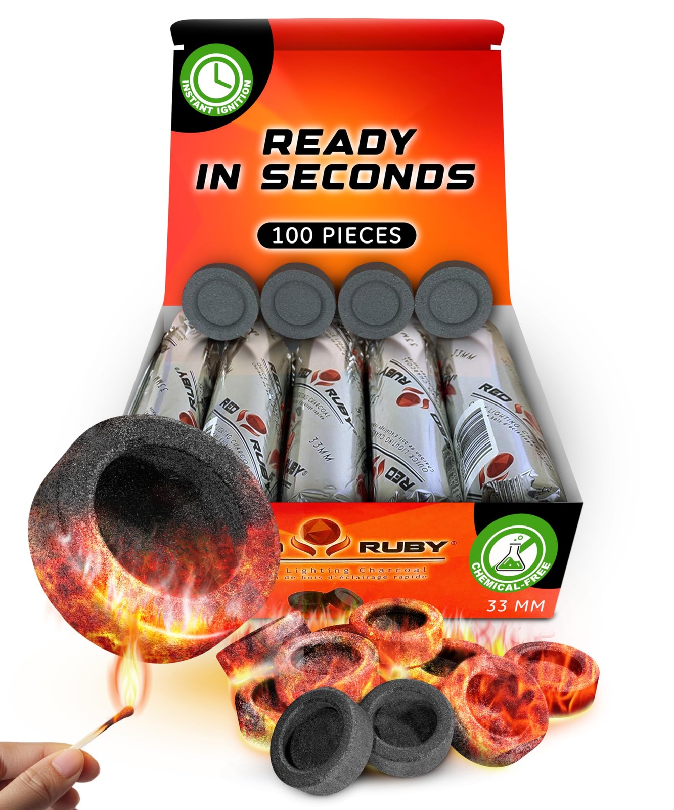 100 Pack Quick Light Charcoal Tablets for Incense - 33Mm Resin Burner