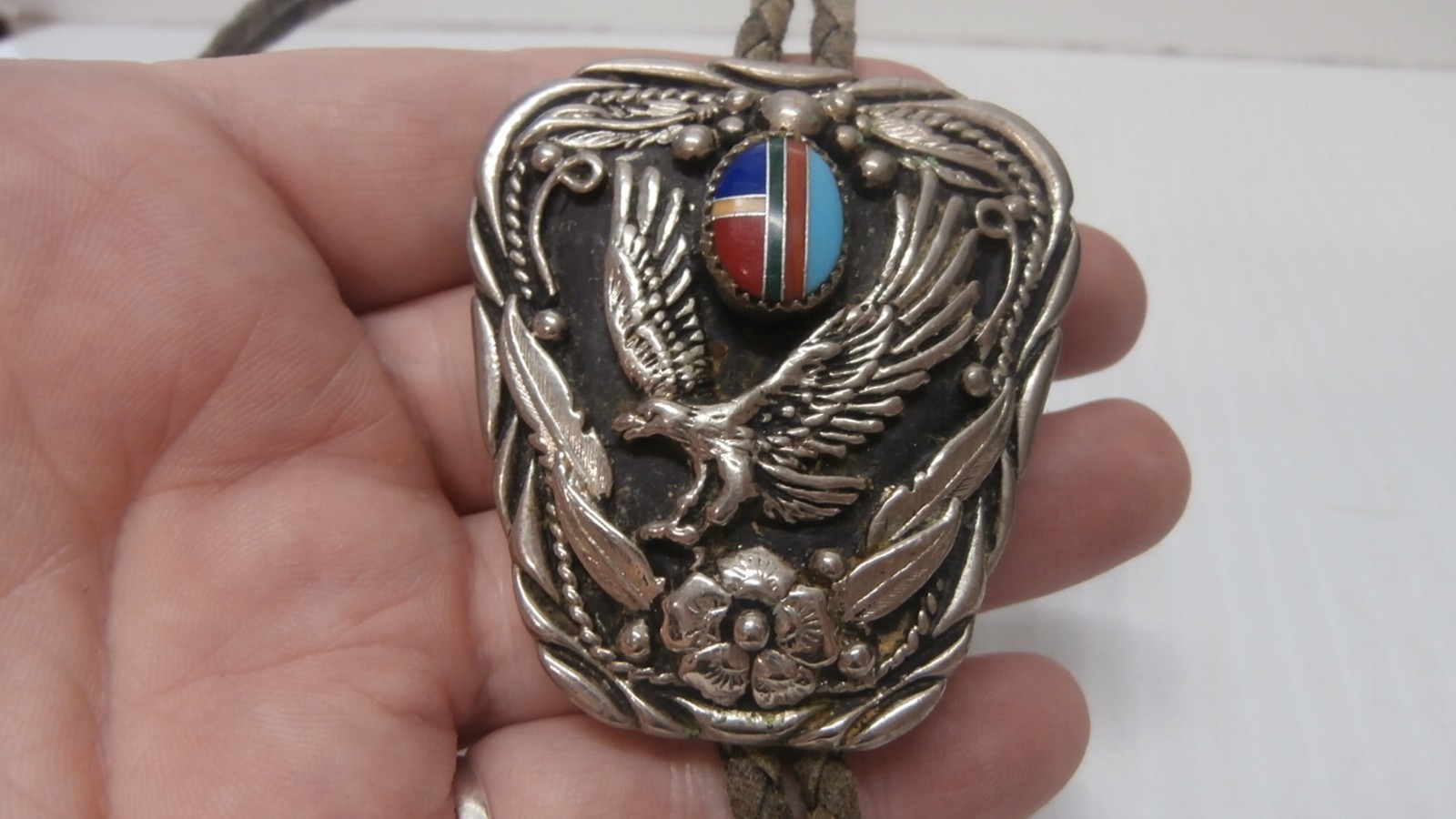 S.S.I. Diamond Cut Pewter Bolo Tie Flying Eagle Turquoise Red Coral USA Vintage