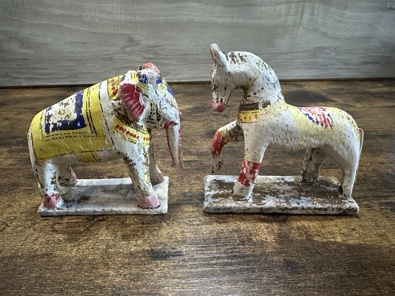 Vintage Hand Carved Painted Elephant & Horse Folk Art Figures India Lot 2