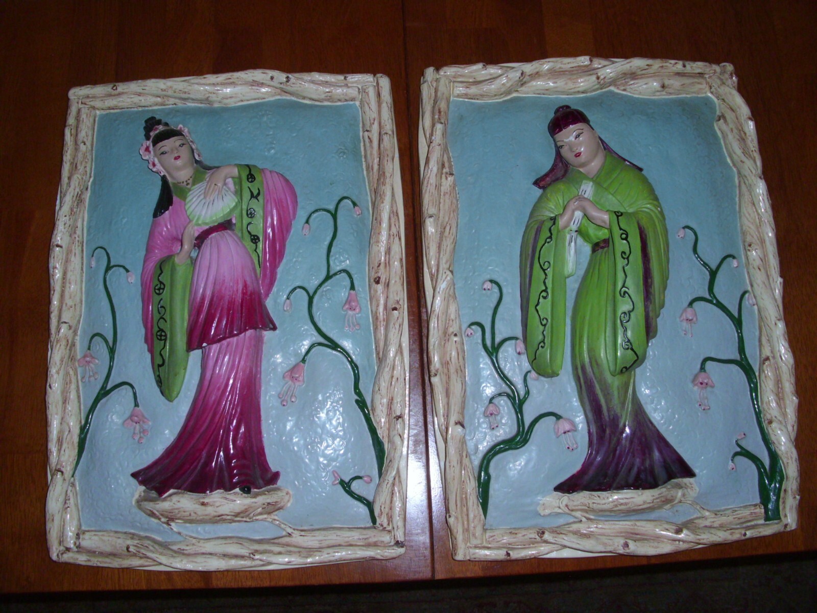 Vintage Oriental Asian Woman and Man Chalkware Wall Plaques