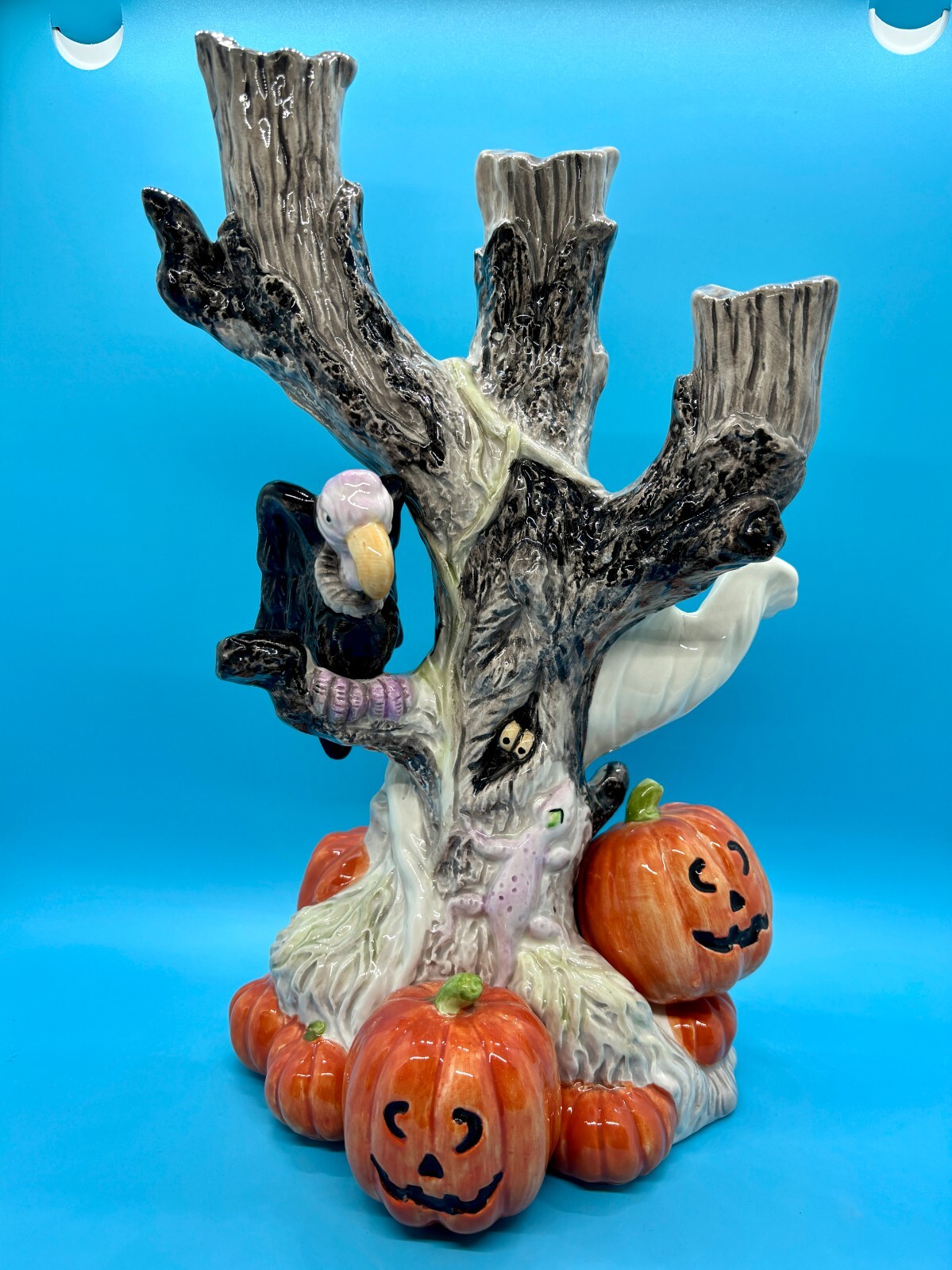 1988 Fitz & Floyd Halloween Vulture Tree Candelabra Ghost Pumpkin Beautiful