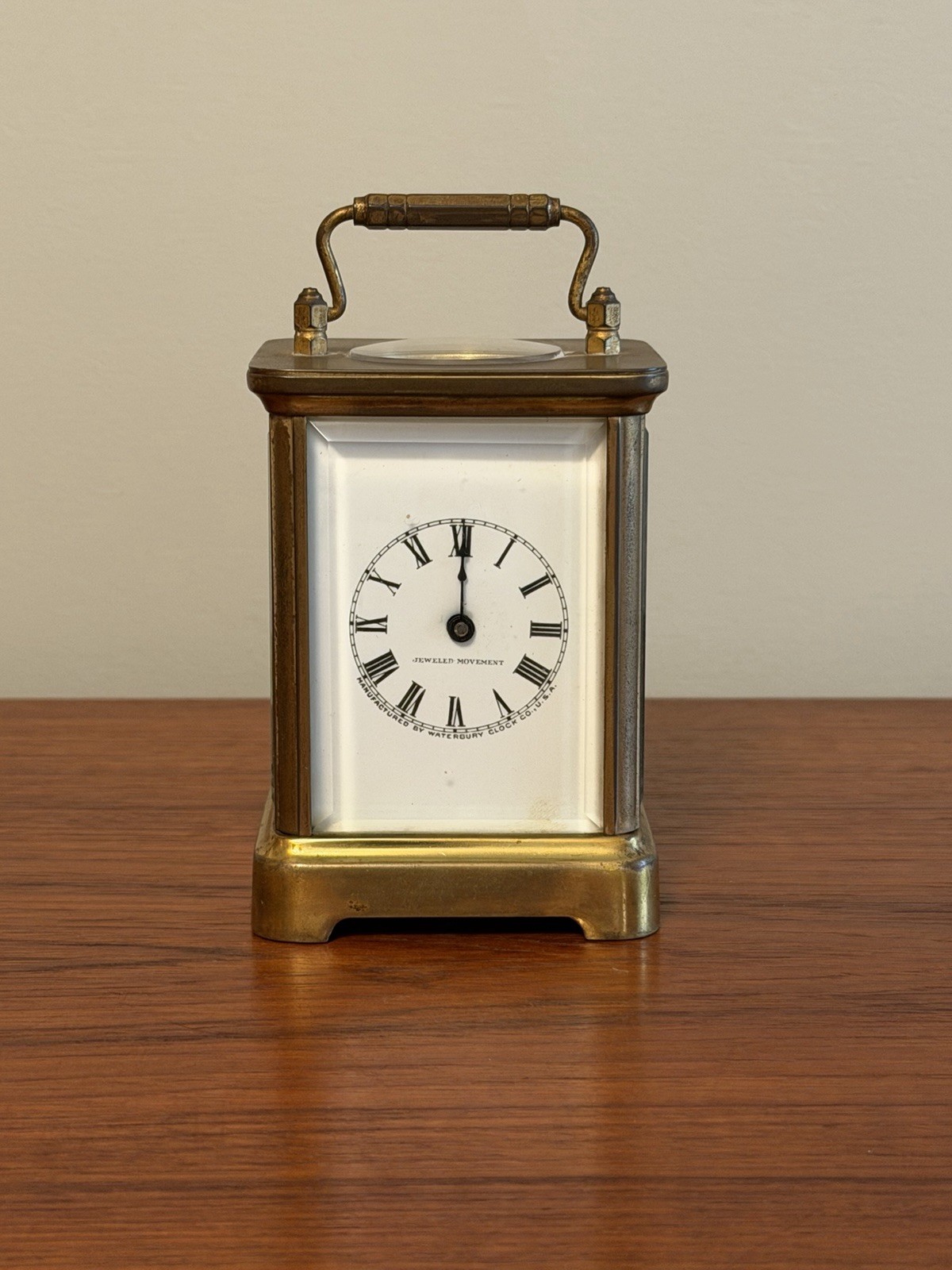 Antique Waterbury Clock Co Brass Carriage Beveled Glass Porcelain Face